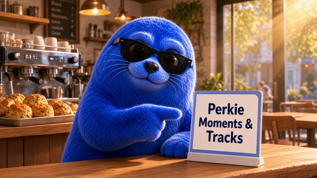 Perkie the seal at a cafe counter beside a sign for Perkie Moments and Tracks