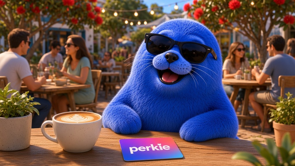 Perkie the seal at a sunny outdoor cafe with a Perkie Card and coffee