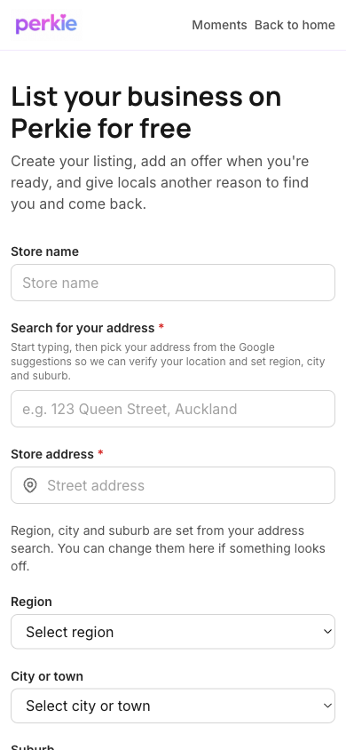 The Perkie listing form, with store name and address