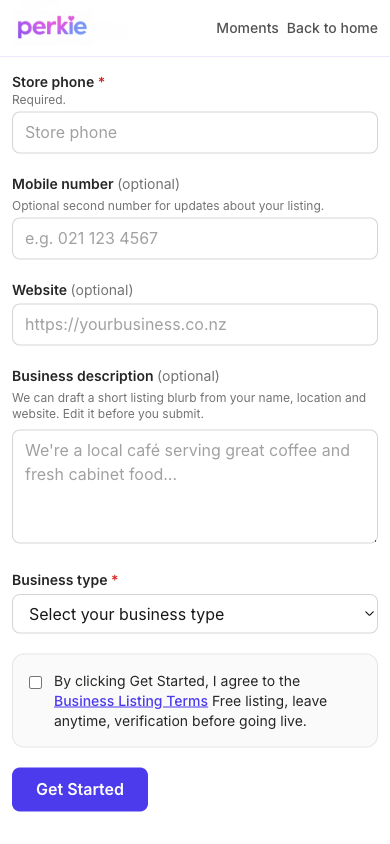 Contact details, business type and the Get Started button