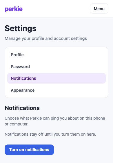 Notification settings with the button to turn them on