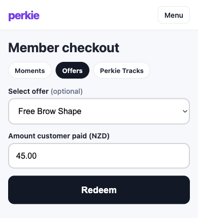 Member checkout with an offer selected and Redeem