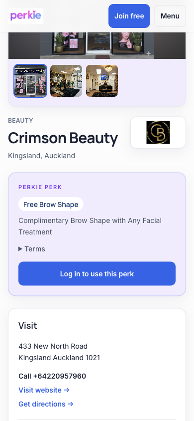 A business page with a perk and a button to use it