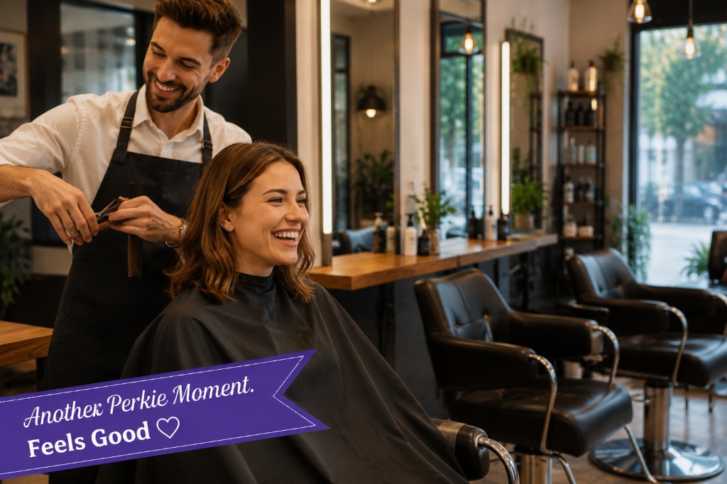 Customer smiling during a haircut at a salon booked through Perkie Moments