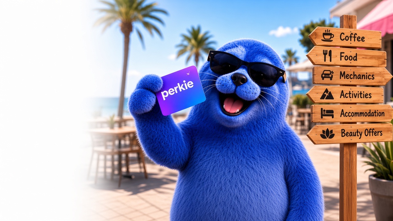 Perkie the seal holding up a Perkie Card, beside signs for Coffee, Food, Mechanics, Activities, Accommodation and Beauty Offers.